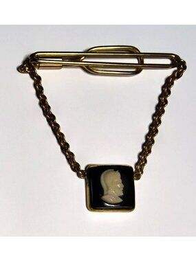 Vintage Swank Gold-Tone Chain Tie Bar With Black & Ivory Cameo Accent